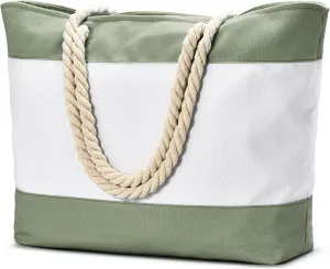 Becokan Initial Beach Bag Waterproof Canvas Beach Tote Bag Zipper Personalized Gifts for Women Her Birthday Travel Essentials