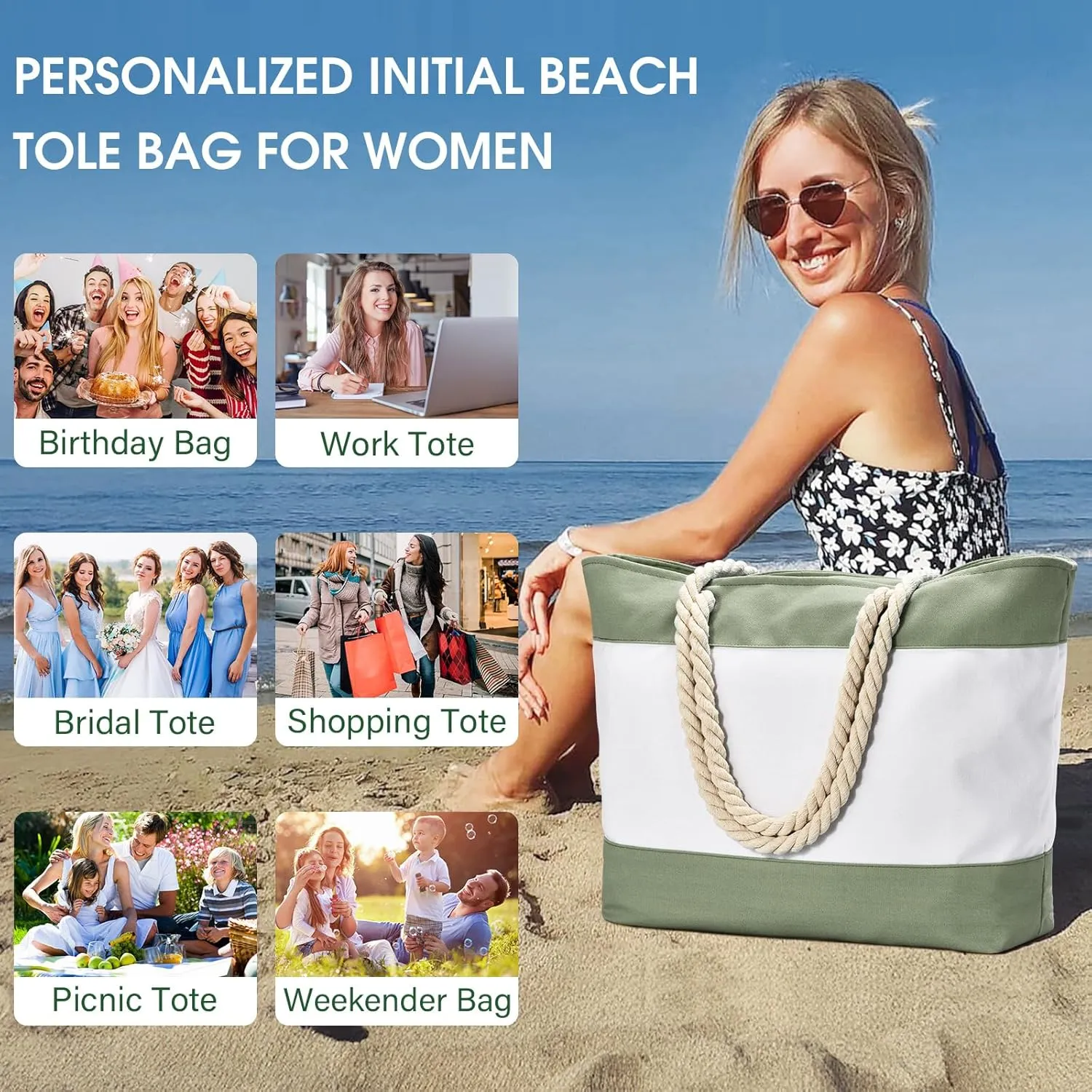 Becokan Initial Beach Bag Waterproof Canvas Beach Tote Bag Zipper Personalized Gifts for Women Her Birthday Travel Essentials