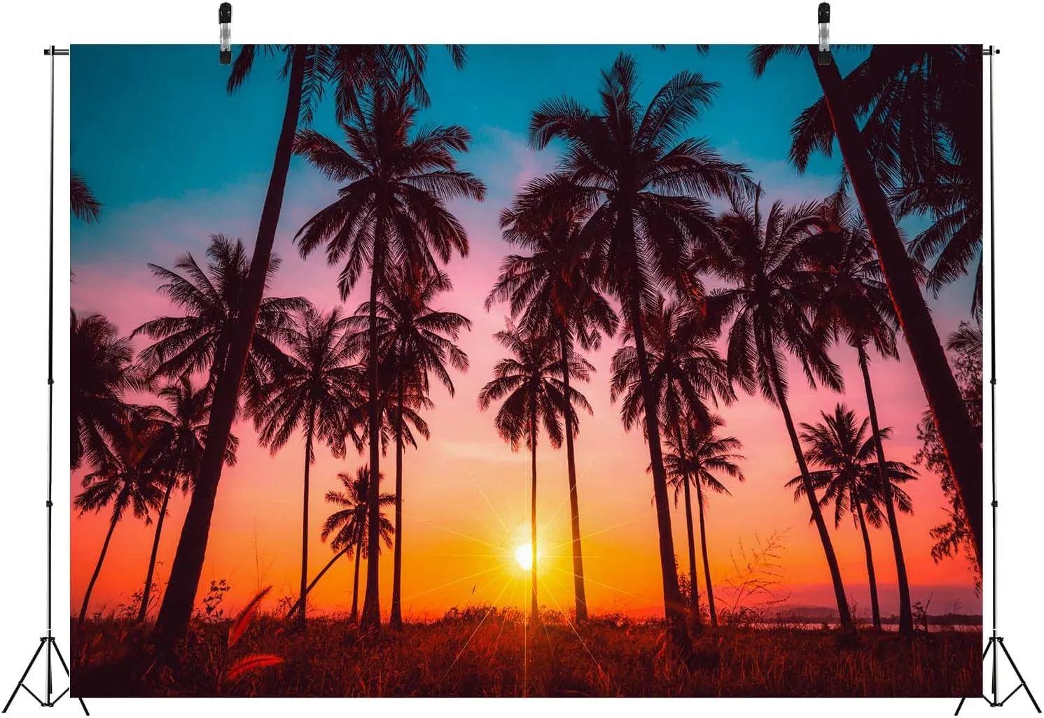 BELECO 8x6ft Fabric Sunset Beach Backdrop Tropical Seaside Coconut Palm Trees Background Backdrop Summer Beach Sunset Hawaii Luau Party Decorations Birthday Photoshoot Studio Photo Props
