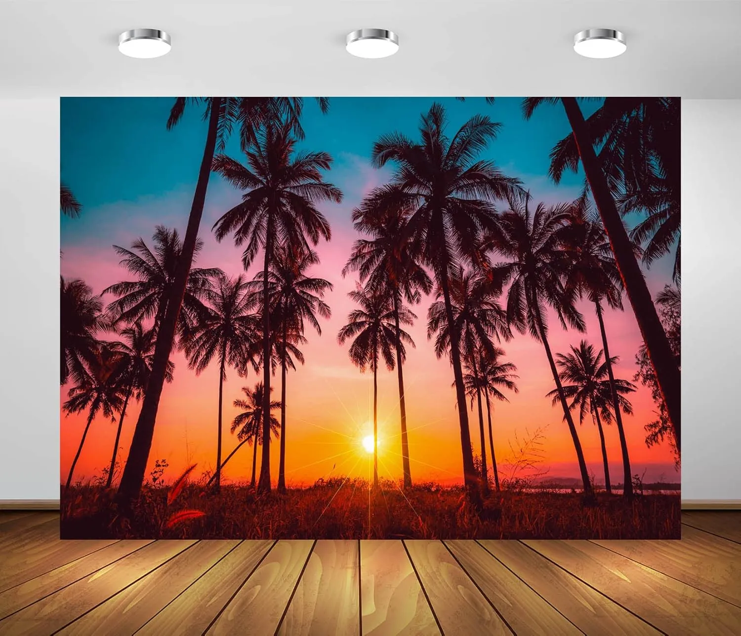BELECO 8x6ft Fabric Sunset Beach Backdrop Tropical Seaside Coconut Palm Trees Background Backdrop Summer Beach Sunset Hawaii Luau Party Decorations Birthday Photoshoot Studio Photo Props