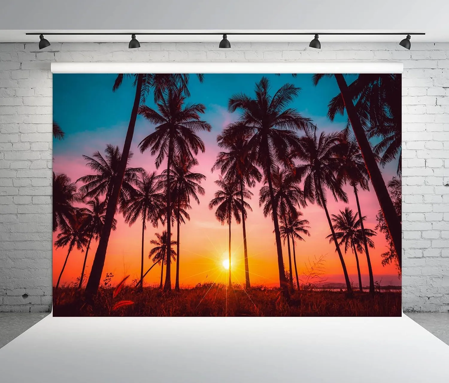 BELECO 8x6ft Fabric Sunset Beach Backdrop Tropical Seaside Coconut Palm Trees Background Backdrop Summer Beach Sunset Hawaii Luau Party Decorations Birthday Photoshoot Studio Photo Props