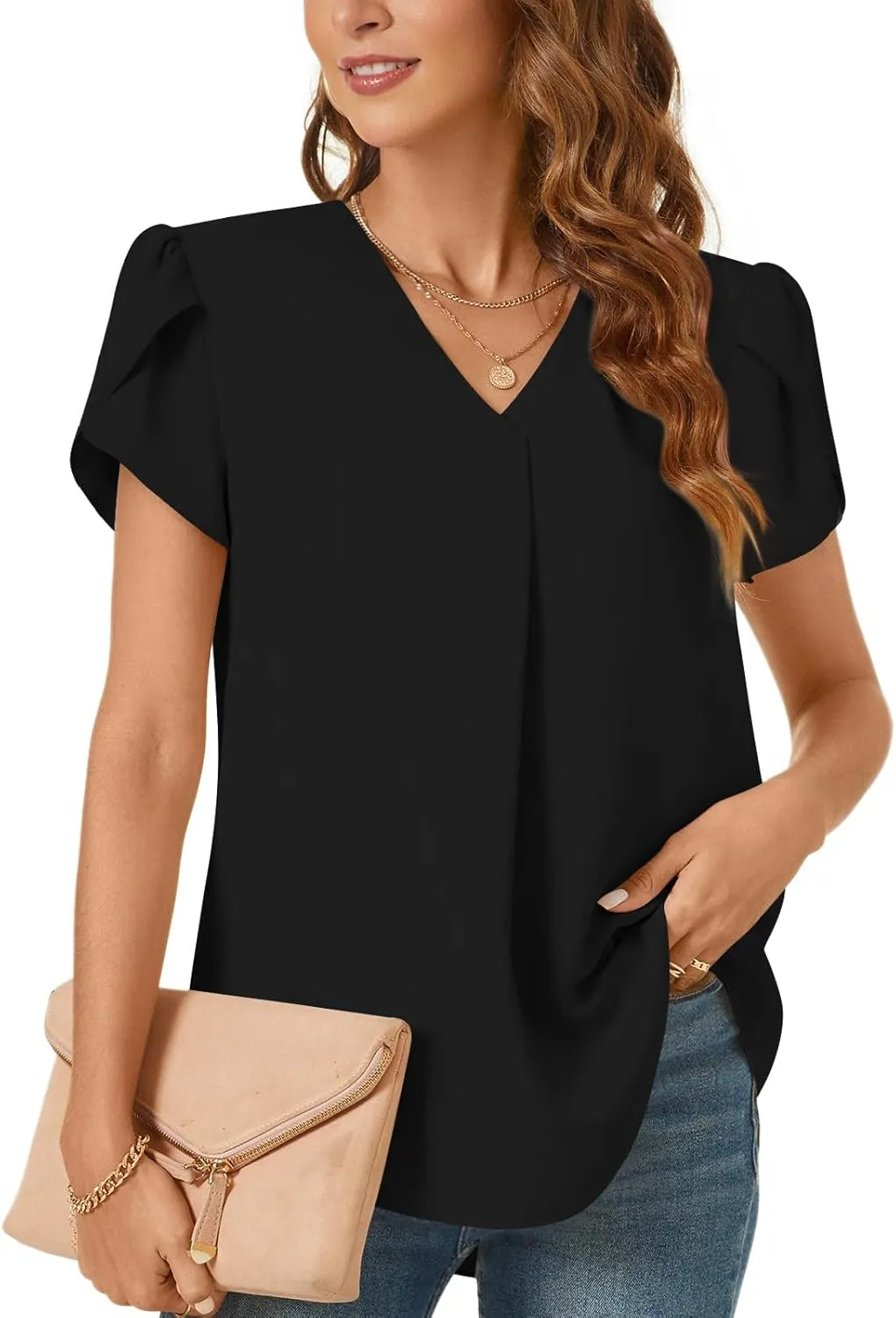 Bestbee Women's Dressy Chiffon Blouses V Neck Tops Tee 2025 Summer Shirts Petal Short Sleeve Casual T-Shirts