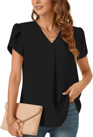 Bestbee Women's Dressy Chiffon Blouses V Neck Tops Tee 2025 Summer Shirts Petal Short Sleeve Casual T-Shirts