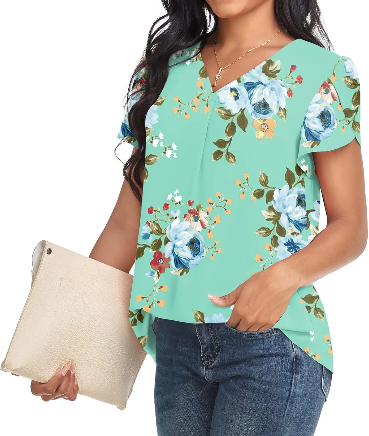 Bestbee Women's Dressy Chiffon Blouses V Neck Tops Tee 2025 Summer Shirts Petal Short Sleeve Casual T-Shirts