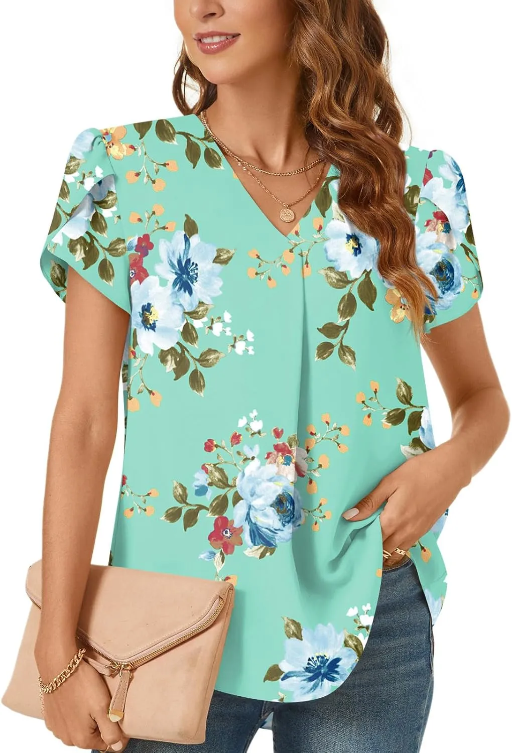 Bestbee Women's Dressy Chiffon Blouses V Neck Tops Tee 2025 Summer Shirts Petal Short Sleeve Casual T-Shirts