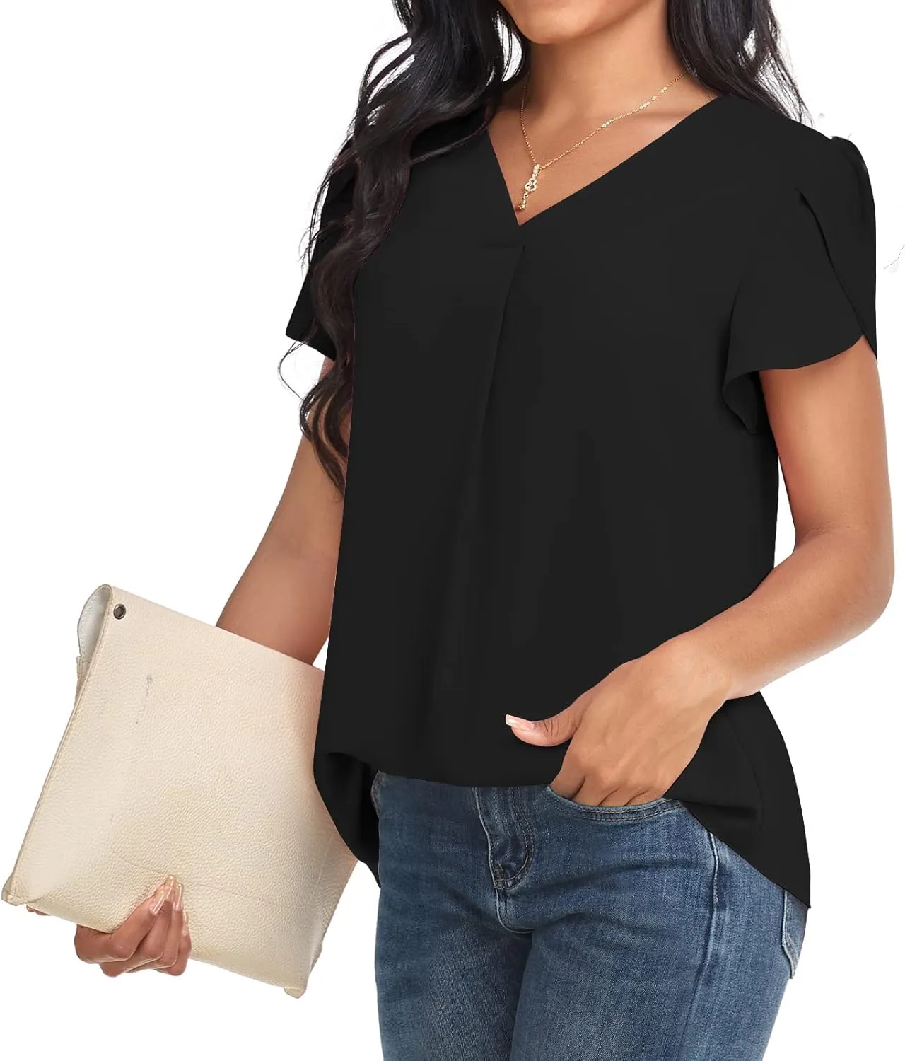 Bestbee Women's Dressy Chiffon Blouses V Neck Tops Tee 2025 Summer Shirts Petal Short Sleeve Casual T-Shirts
