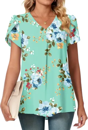 Bestbee Women's Dressy Chiffon Blouses V Neck Tops Tee 2025 Summer Shirts Petal Short Sleeve Casual T-Shirts