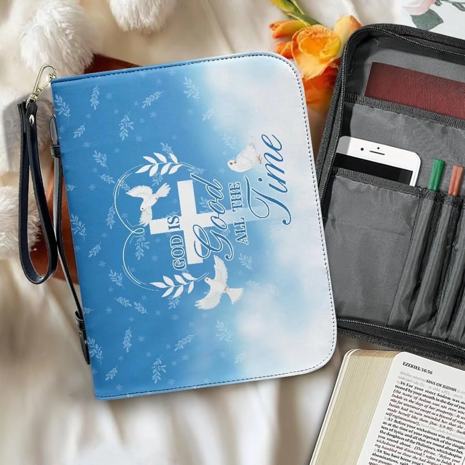 Bible Cover Case for Women ＆ Men Large Bible Protective Tote Handle Bags Waterproof Black Ribbon Zipper Pockets