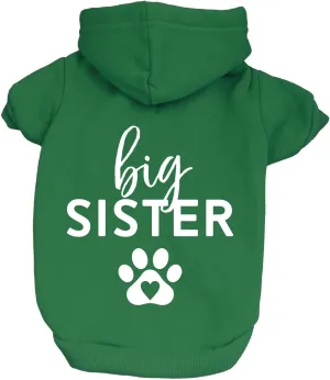 Big Sister Heart Paw Baby Announcement Dog Hoodie Fleece Lined Pullover Sweatshirt with Leash Hole (Green, Small 86)