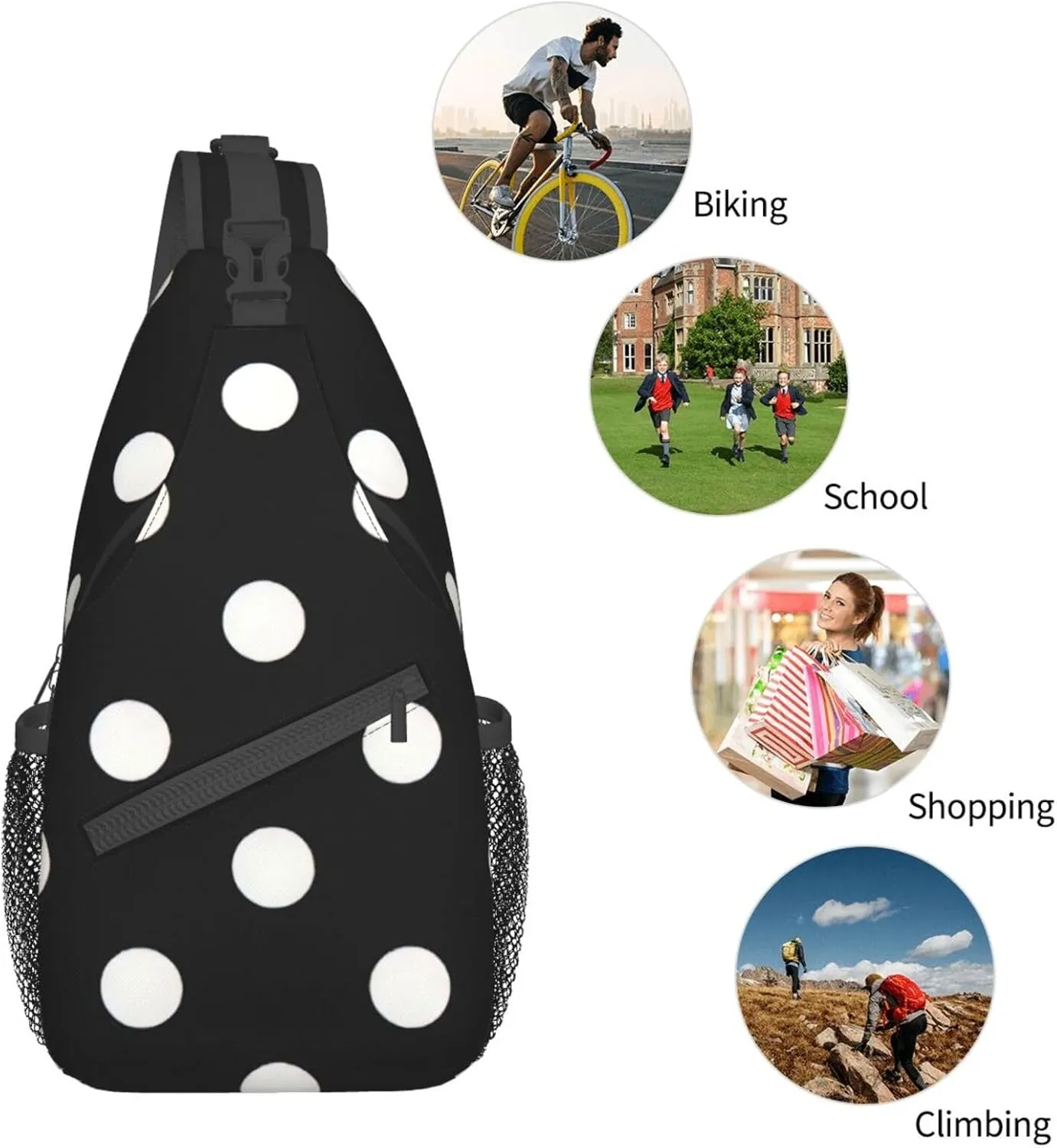 Black And White Polka Dots Unisex Casual Diagonal Chest Bag,Multipurpose Crossbody Shoulder Bag Travel Hiking Daypack