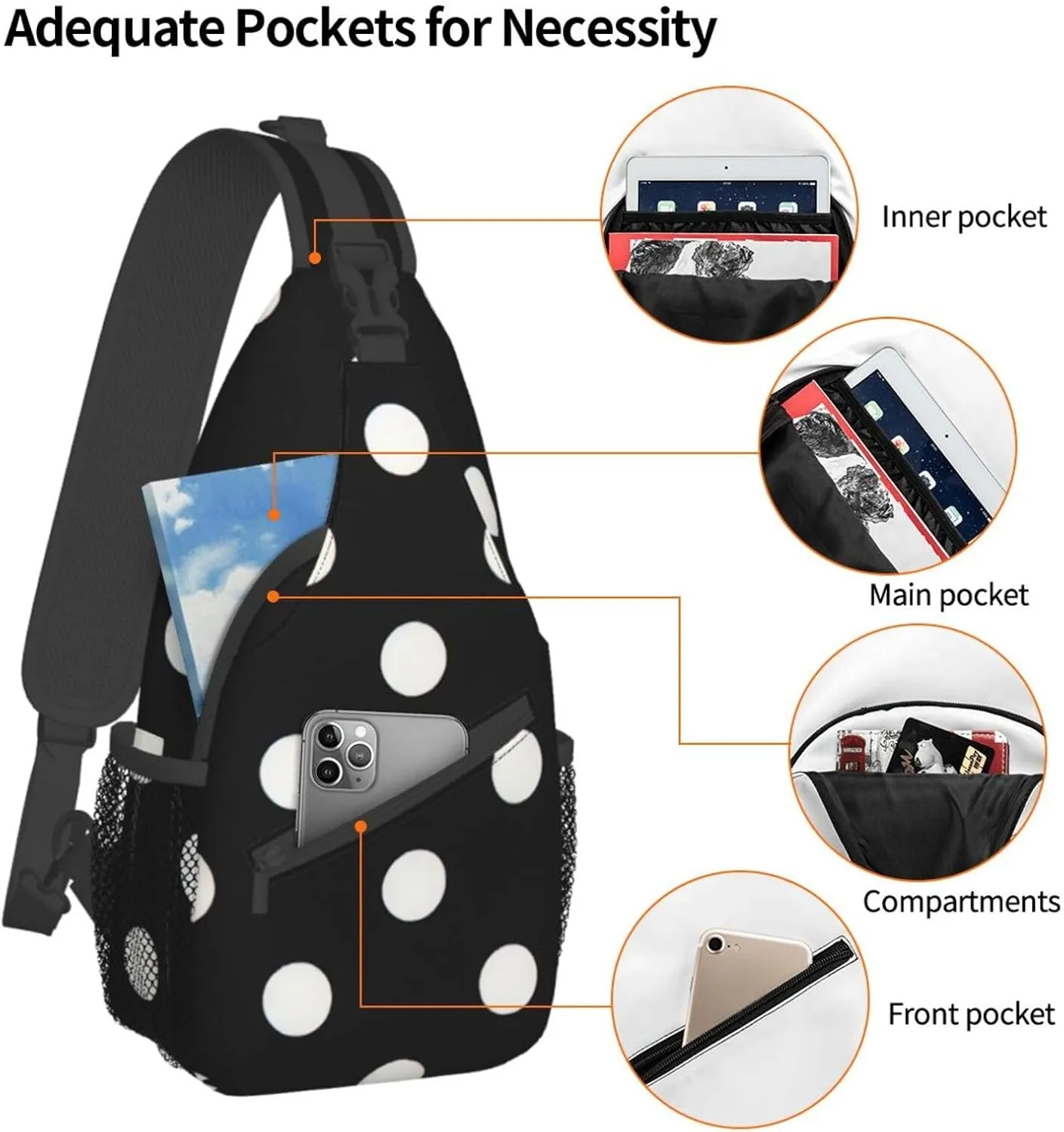 Black And White Polka Dots Unisex Casual Diagonal Chest Bag,Multipurpose Crossbody Shoulder Bag Travel Hiking Daypack