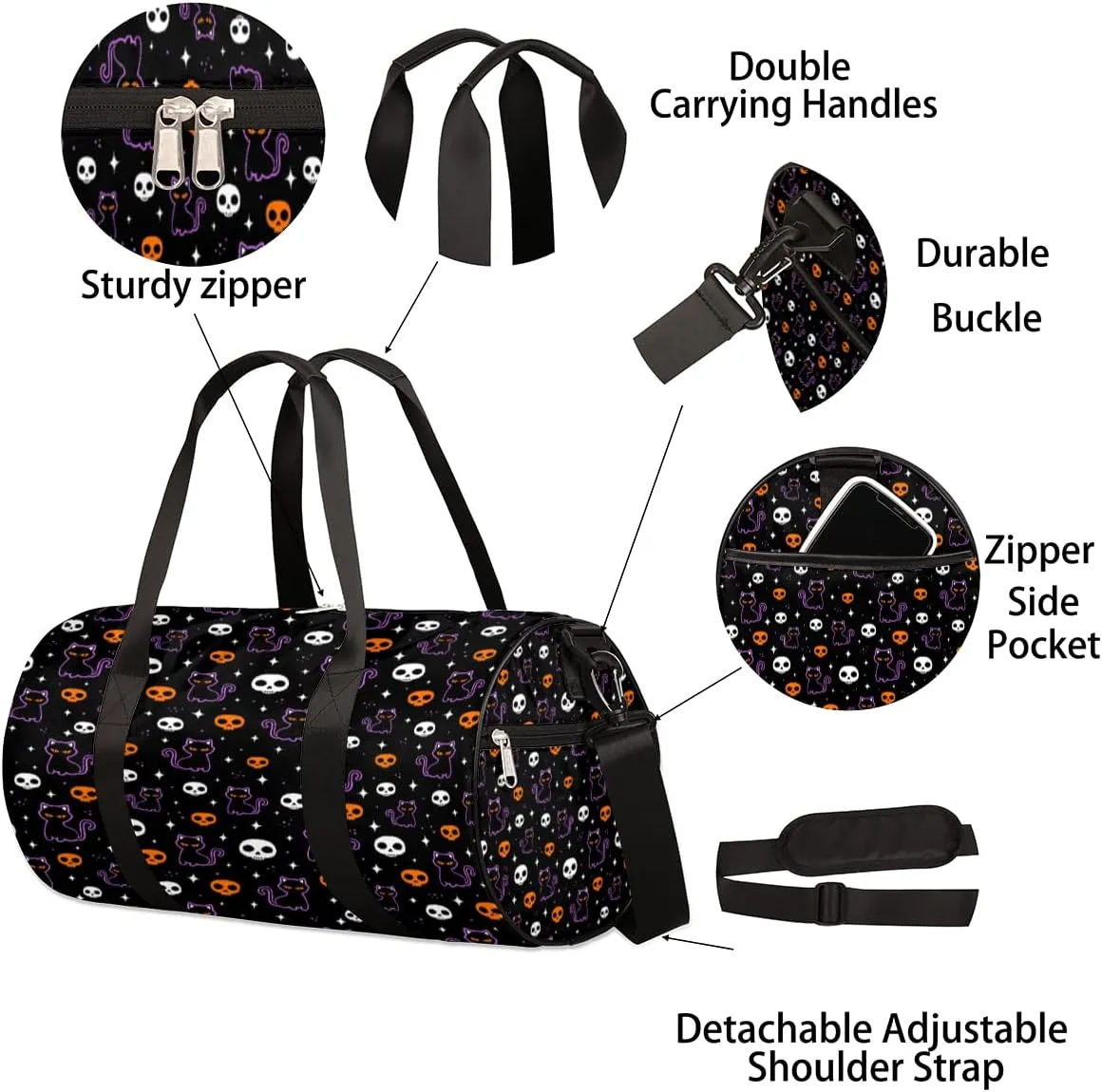 Black Cat Skull Gym Bag Small Gym Duffel Bags for Men Women Overnight Weekender Bag Lightweight Sport Duffle Bag Carry On Gymbag