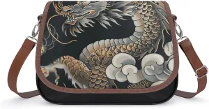 Black Oriental Dragon Leather Shoulder Bag for Women Classic Crossbody Purse Leather Tote Bag Handbag Purse Small Shoulder Bags for Shopping