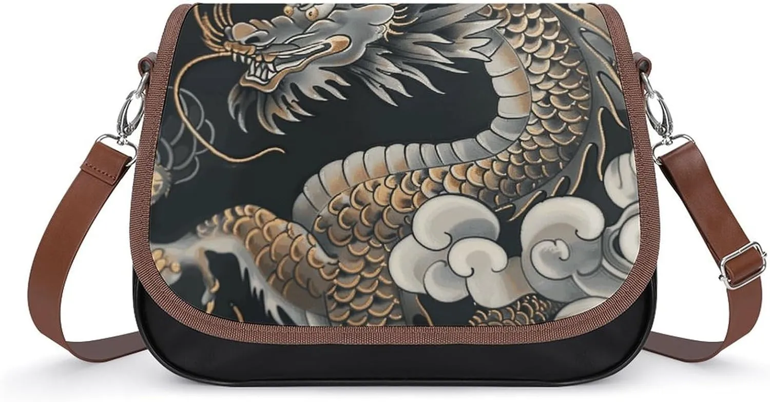 Black Oriental Dragon Leather Shoulder Bag for Women Classic Crossbody Purse Leather Tote Bag Handbag Purse Small Shoulder Bags for Shopping