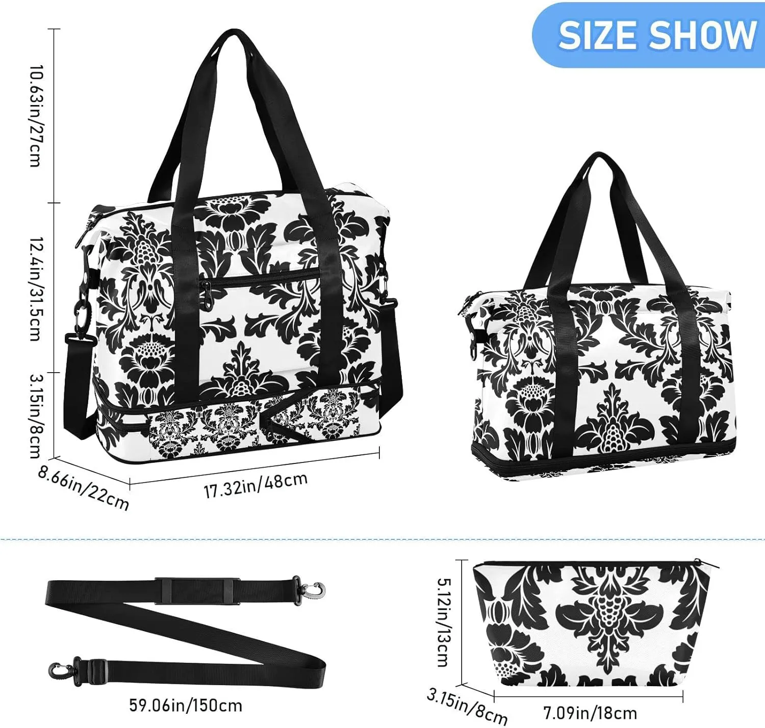 Black Seamless Damask Flowers Ornate Seamless on White Gym Duffel Bag, Polyester Travel Weekender Luggage Handbag with Waterproof Pocket for Wet Items, Unisex Foldable Tote for Sports