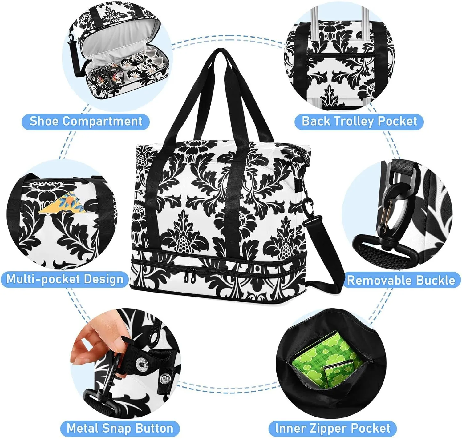 Black Seamless Damask Flowers Ornate Seamless on White Gym Duffel Bag, Polyester Travel Weekender Luggage Handbag with Waterproof Pocket for Wet Items, Unisex Foldable Tote for Sports