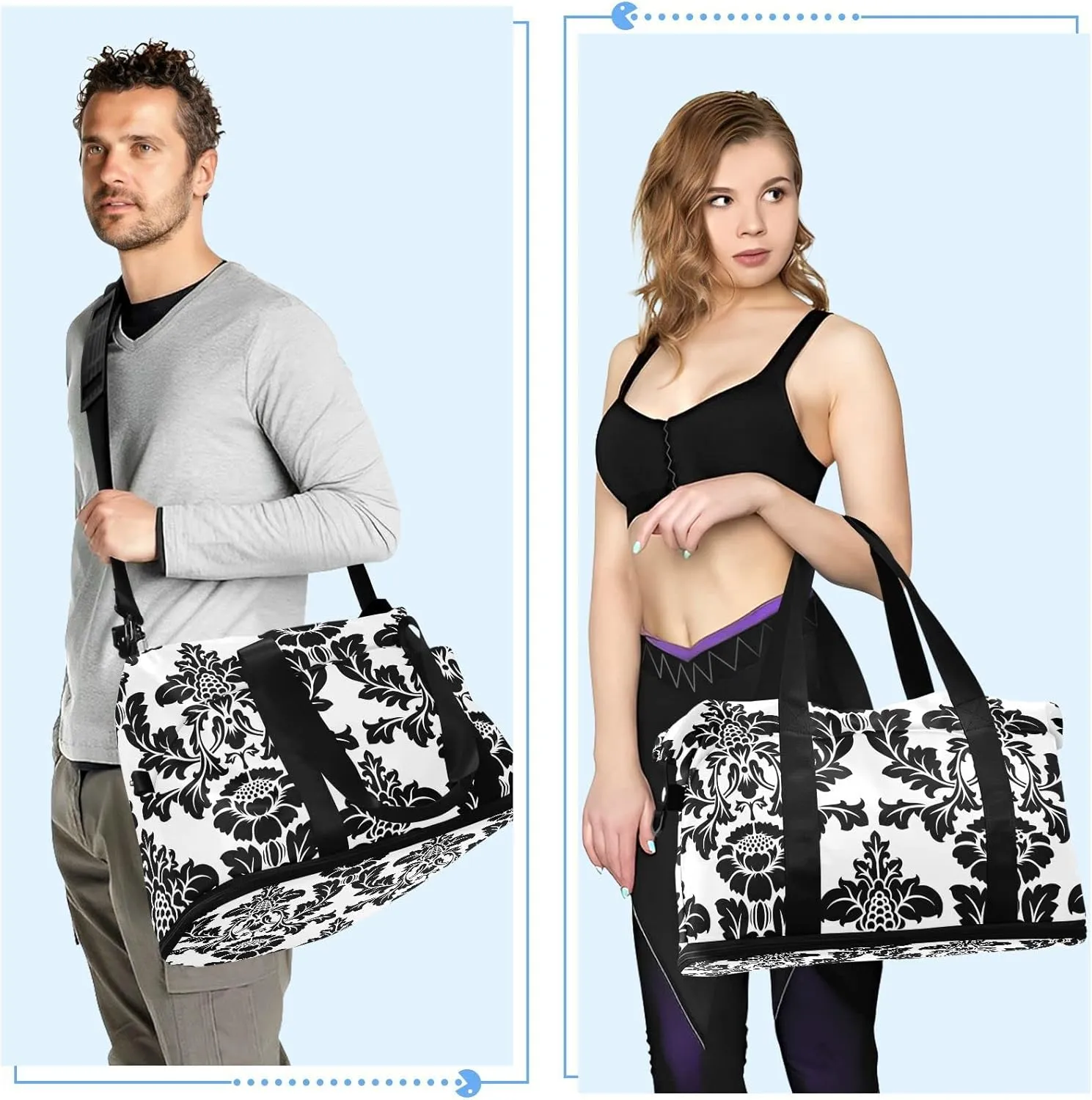 Black Seamless Damask Flowers Ornate Seamless on White Gym Duffel Bag, Polyester Travel Weekender Luggage Handbag with Waterproof Pocket for Wet Items, Unisex Foldable Tote for Sports
