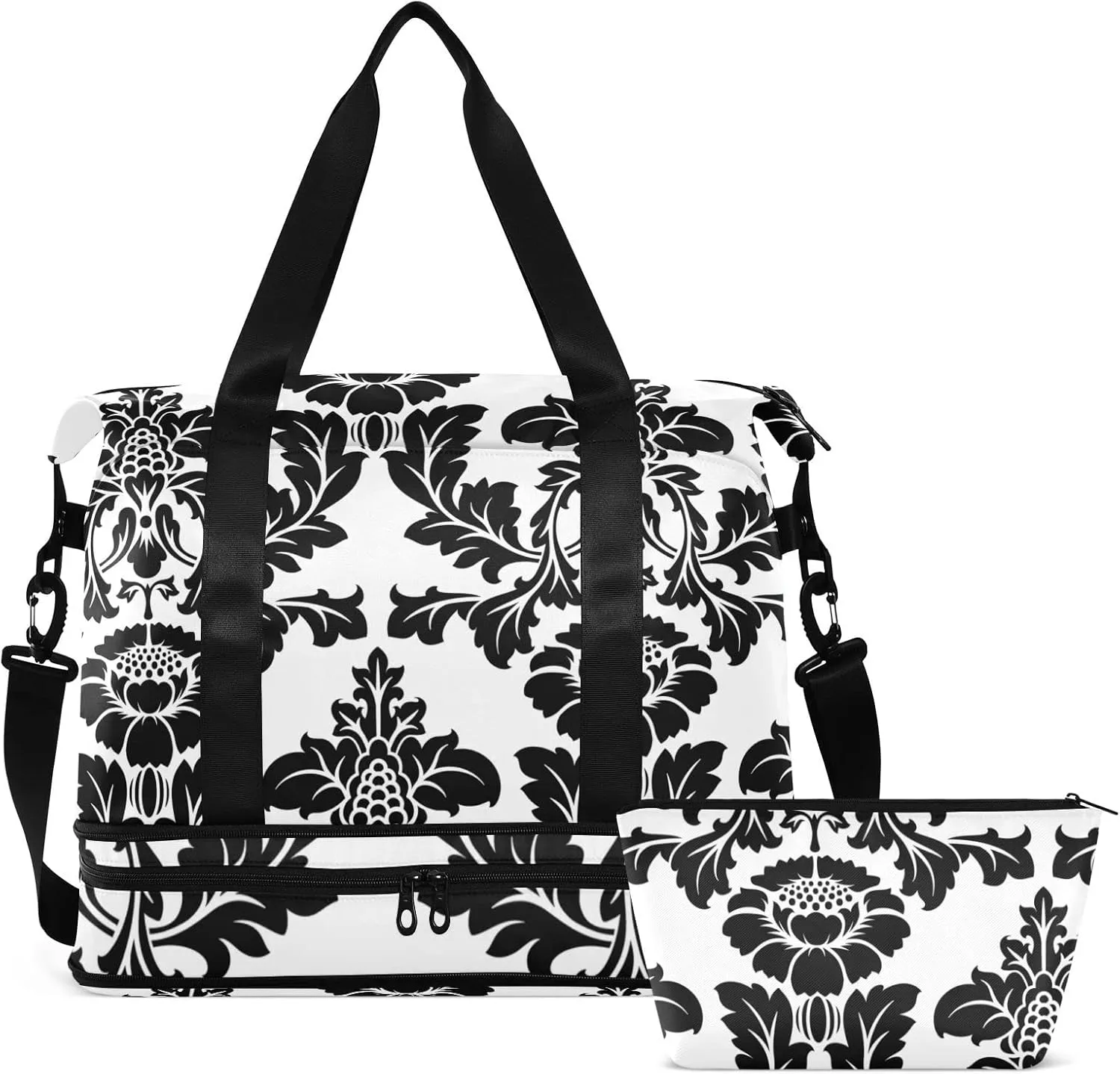 Black Seamless Damask Flowers Ornate Seamless on White Gym Duffel Bag, Polyester Travel Weekender Luggage Handbag with Waterproof Pocket for Wet Items, Unisex Foldable Tote for Sports