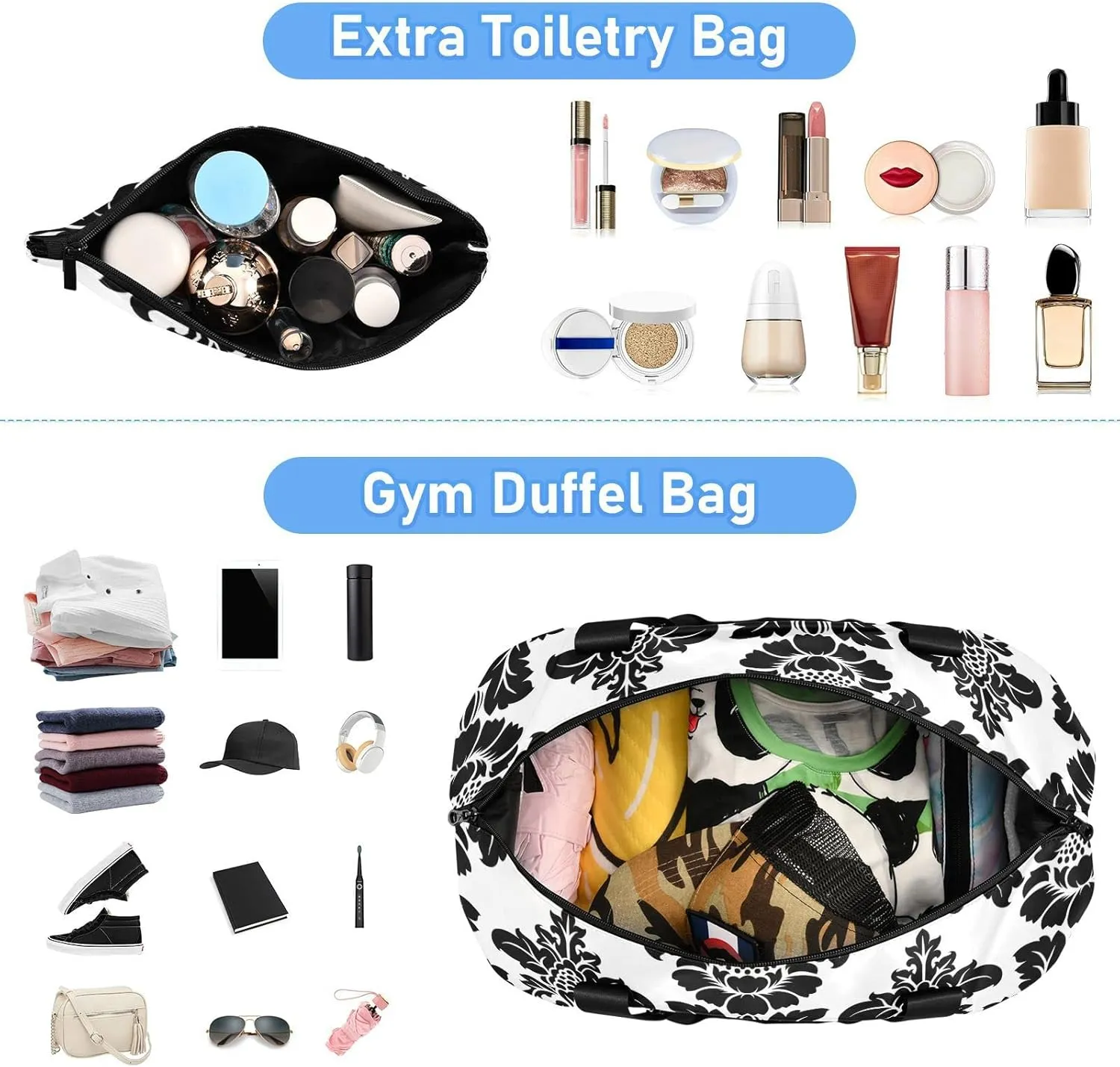 Black Seamless Damask Flowers Ornate Seamless on White Gym Duffel Bag, Polyester Travel Weekender Luggage Handbag with Waterproof Pocket for Wet Items, Unisex Foldable Tote for Sports