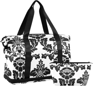 Black Seamless Damask Flowers Ornate Seamless on White Gym Duffel Bag, Polyester Travel Weekender Luggage Handbag with Waterproof Pocket for Wet Items, Unisex Foldable Tote for Sports