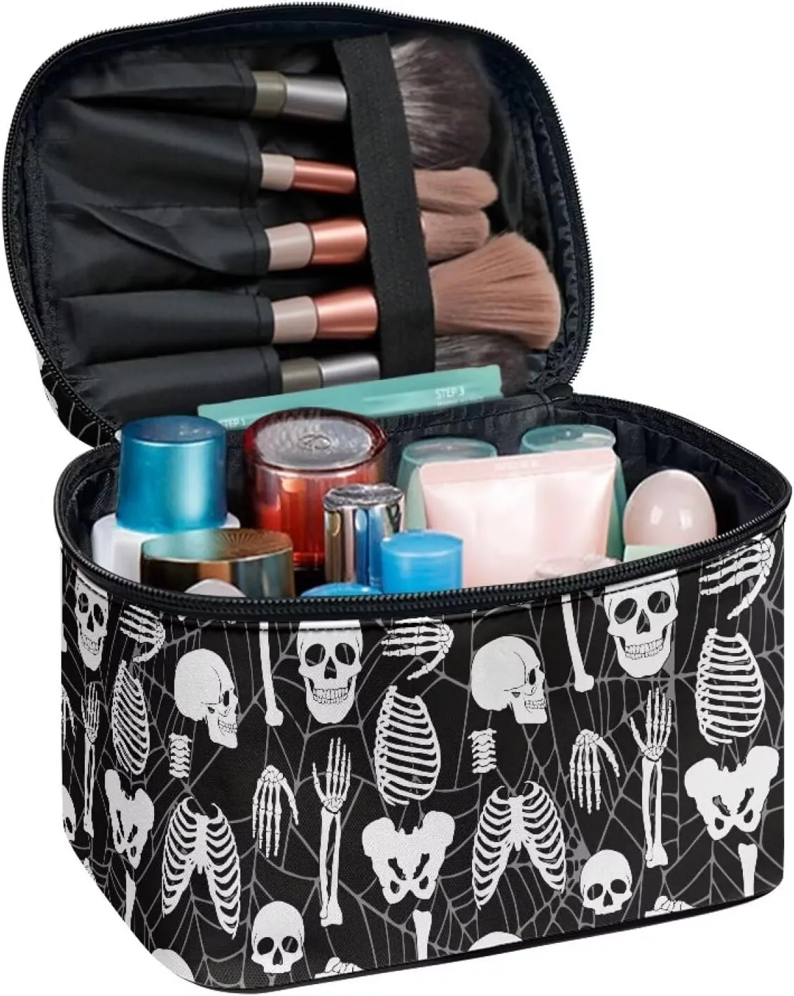Black Skull Travel Containers for Toiletries Makeup Organizer Case with Handle Cosmetic Bag Large Capacity Travel Cosmetic Bag for Women, Storage Organizer Bags with Zipper