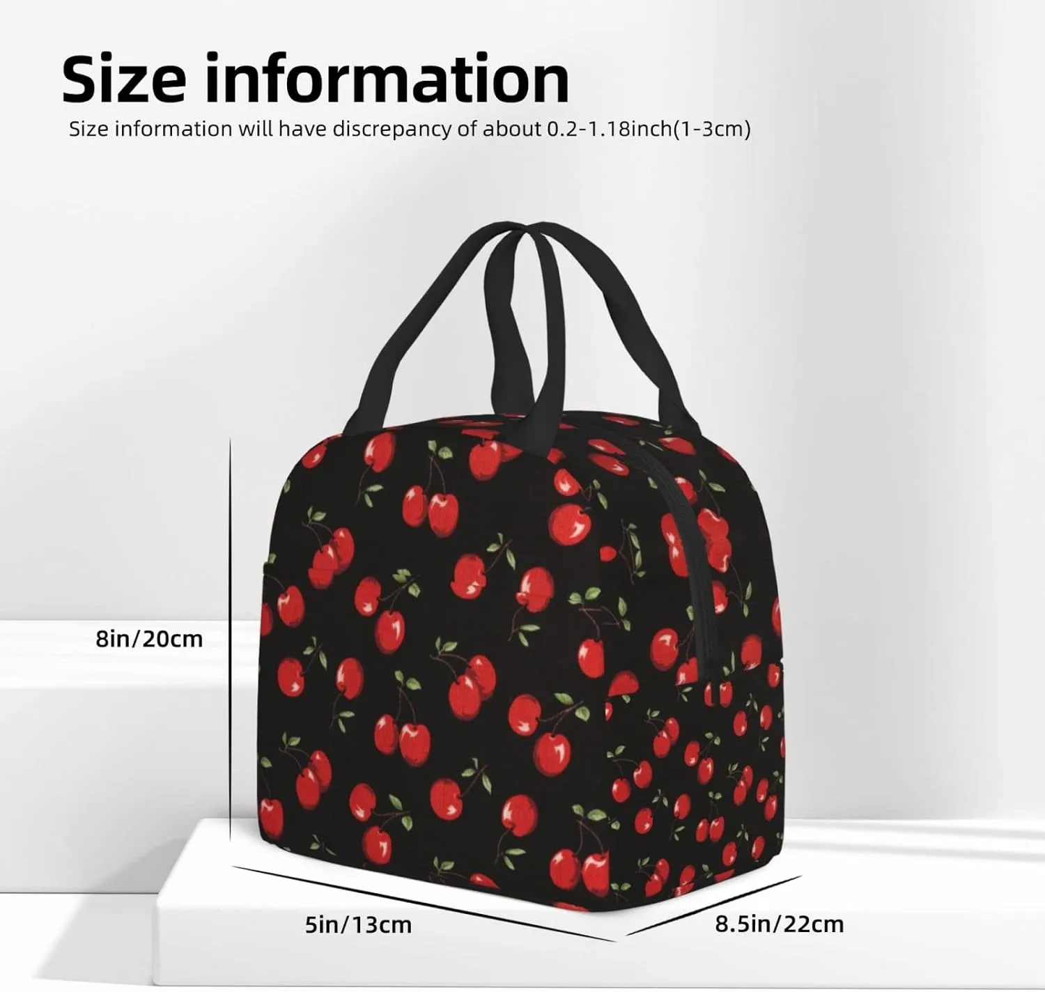 Black Sweet Cherry Lunch Box Insulated Meal Bag Lunch Bag Reusable Snack Bag Food Container For Boys Girls Men Women School Work Travel Picnic