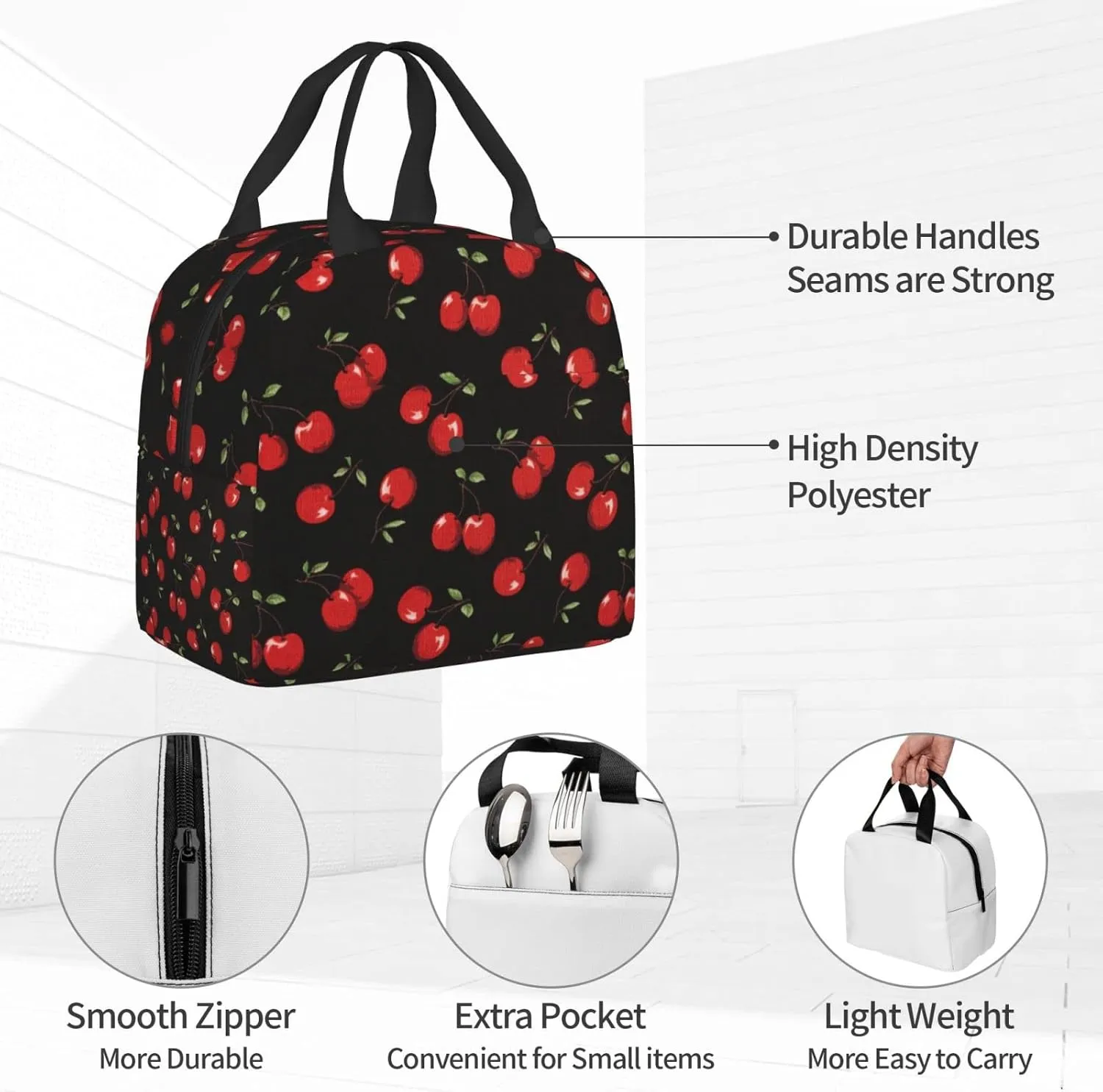 Black Sweet Cherry Lunch Box Insulated Meal Bag Lunch Bag Reusable Snack Bag Food Container For Boys Girls Men Women School Work Travel Picnic