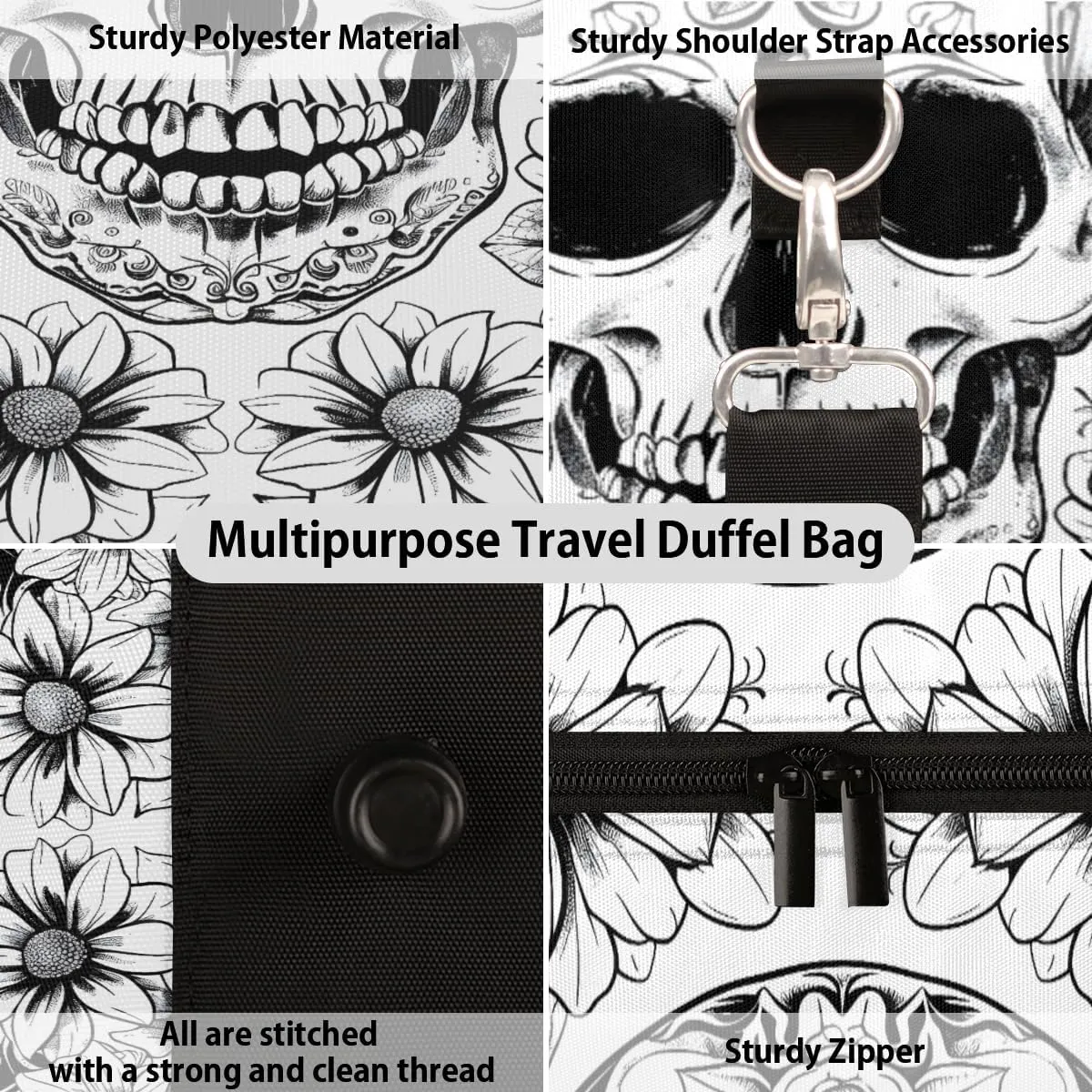 Black White Skull Skeleton Travel Duffle Bag, Sports Gym Bags for Women Men, Carry On Weekender Overnight Workout Airplane Trips Bag