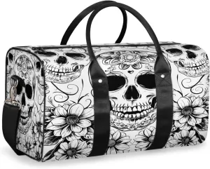 Black White Skull Skeleton Travel Duffle Bag, Sports Gym Bags for Women Men, Carry On Weekender Overnight Workout Airplane Trips Bag