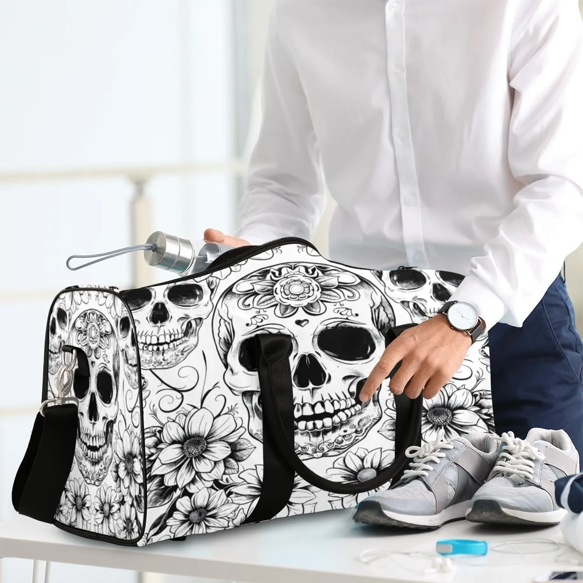 Black White Skull Skeleton Travel Duffle Bag, Sports Gym Bags for Women Men, Carry On Weekender Overnight Workout Airplane Trips Bag