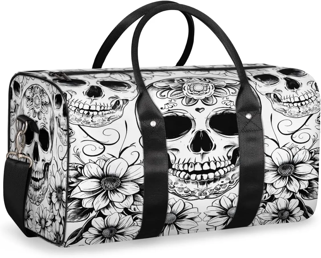 Black White Skull Skeleton Travel Duffle Bag, Sports Gym Bags for Women Men, Carry On Weekender Overnight Workout Airplane Trips Bag