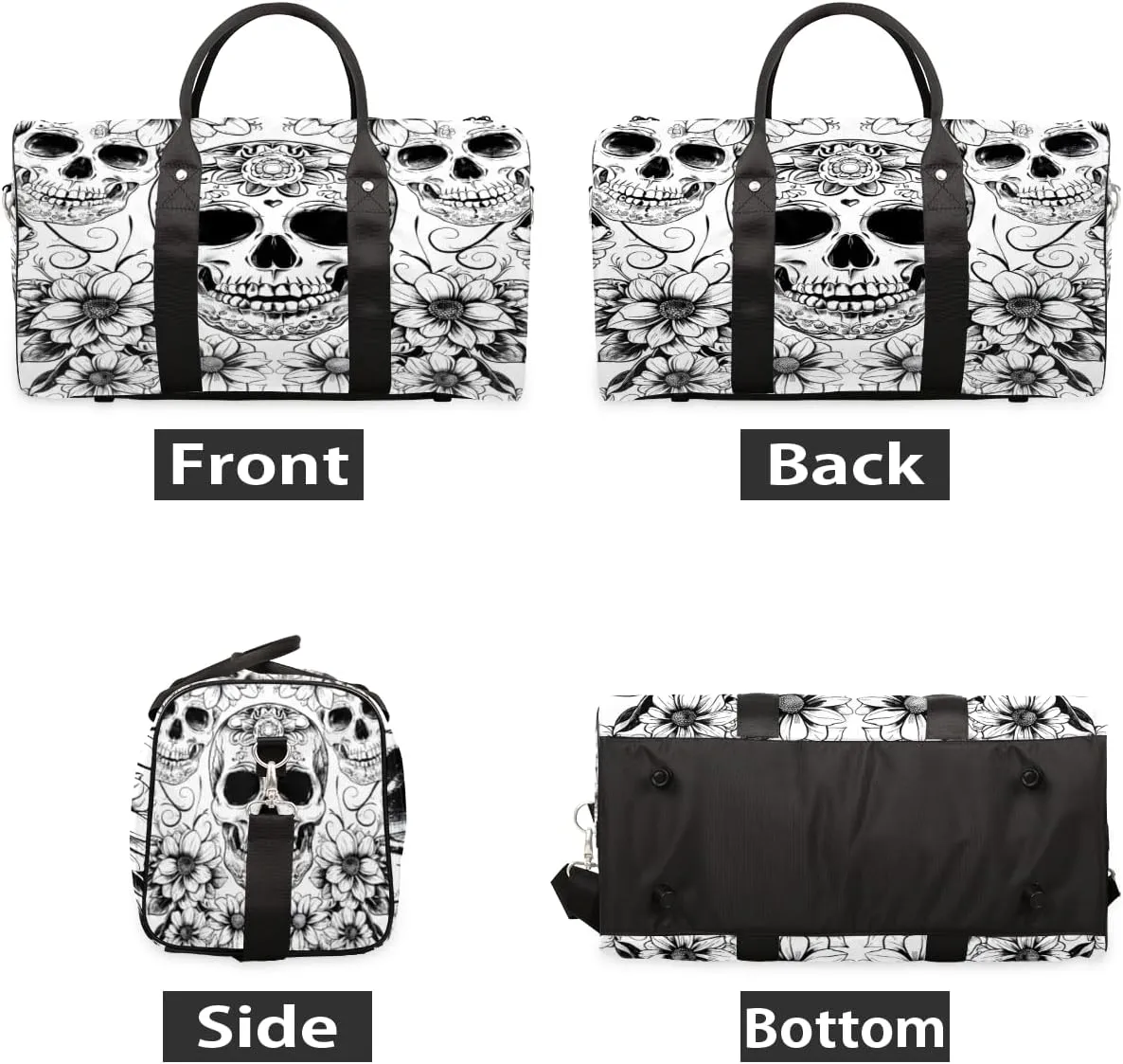 Black White Skull Skeleton Travel Duffle Bag, Sports Gym Bags for Women Men, Carry On Weekender Overnight Workout Airplane Trips Bag