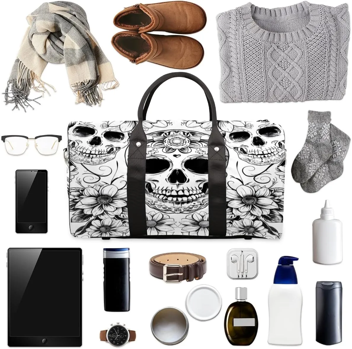 Black White Skull Skeleton Travel Duffle Bag, Sports Gym Bags for Women Men, Carry On Weekender Overnight Workout Airplane Trips Bag