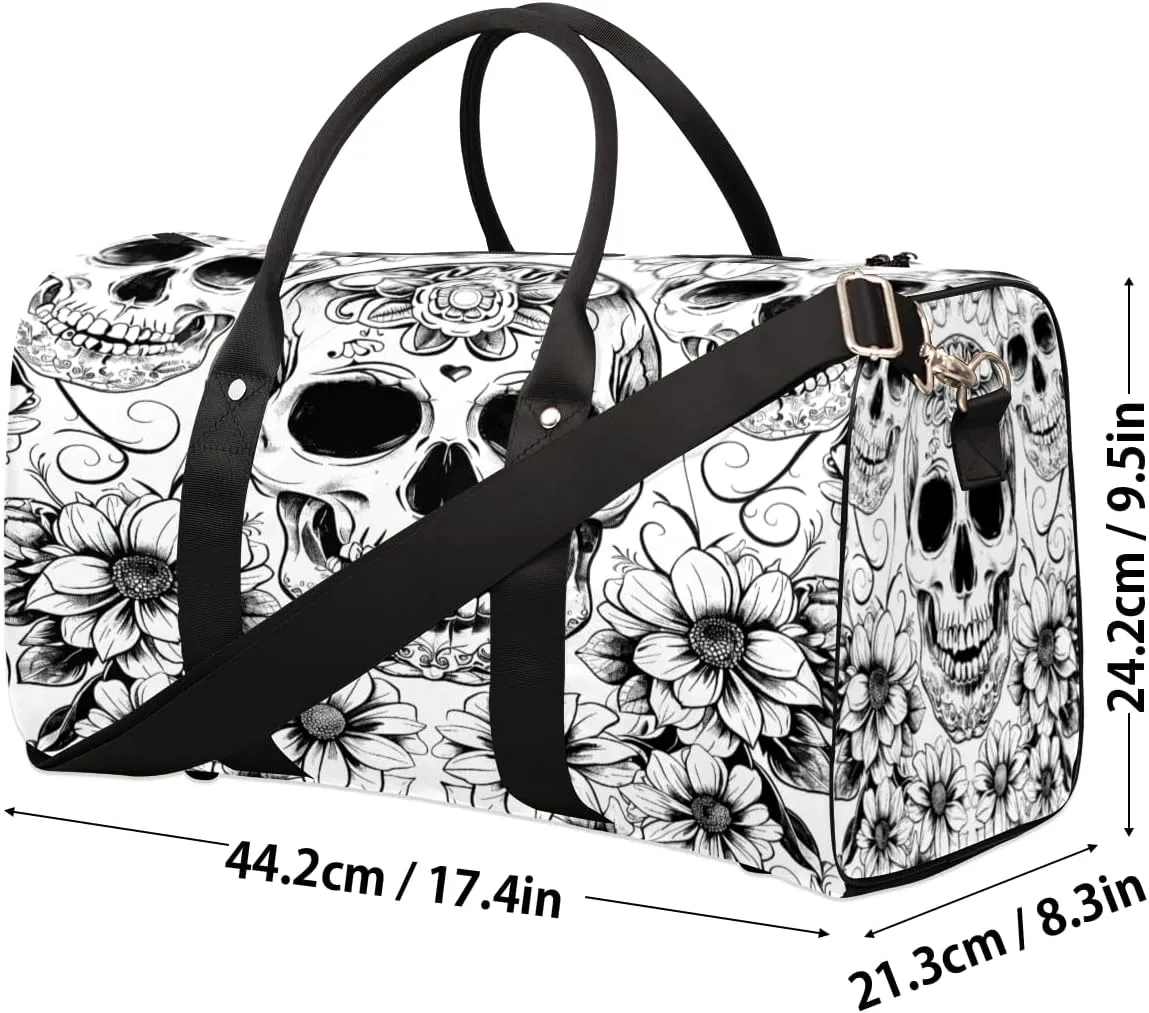Black White Skull Skeleton Travel Duffle Bag, Sports Gym Bags for Women Men, Carry On Weekender Overnight Workout Airplane Trips Bag