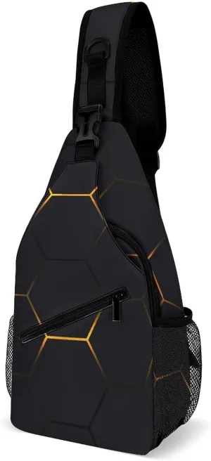 Black-yellow-hexagonal Crossbody Sling Backpack, Shoulder Bag Chest Bag for Travel Sport Running