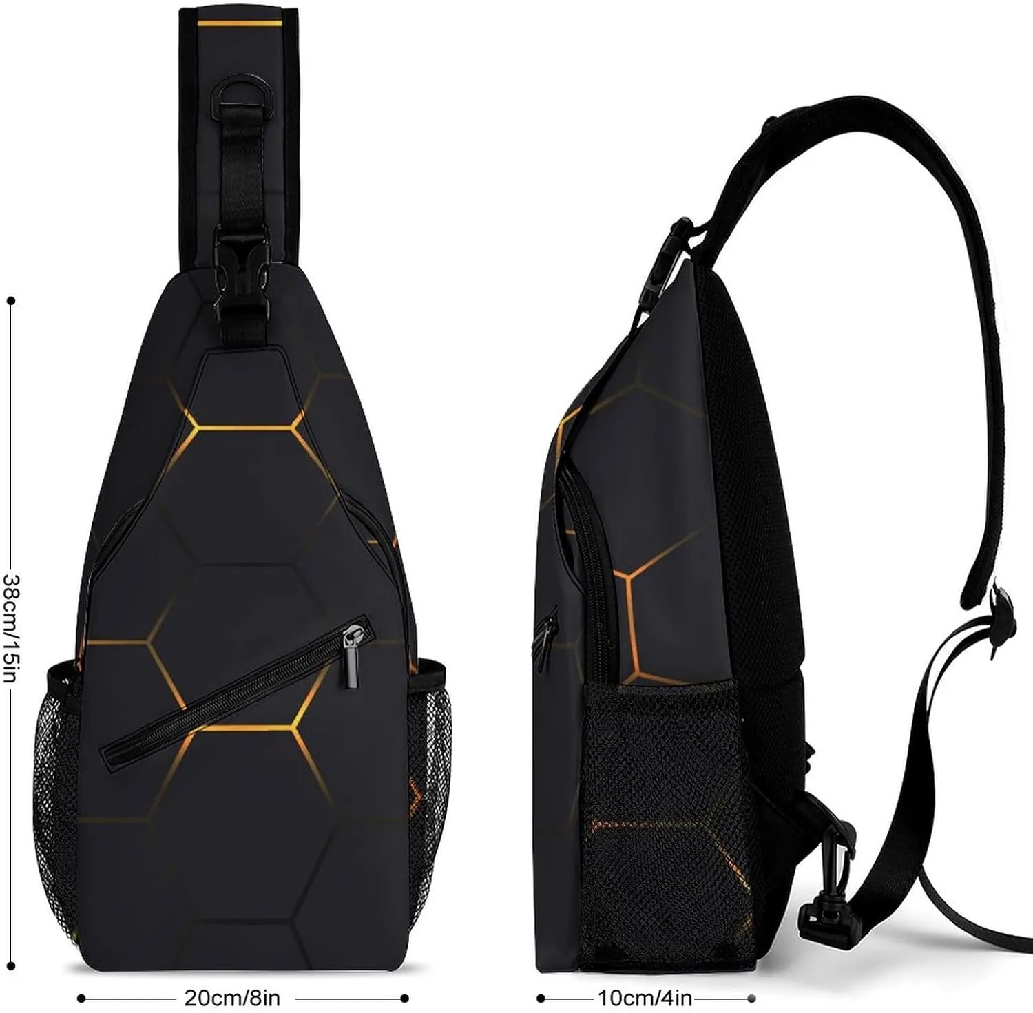 Black-yellow-hexagonal Crossbody Sling Backpack, Shoulder Bag Chest Bag for Travel Sport Running