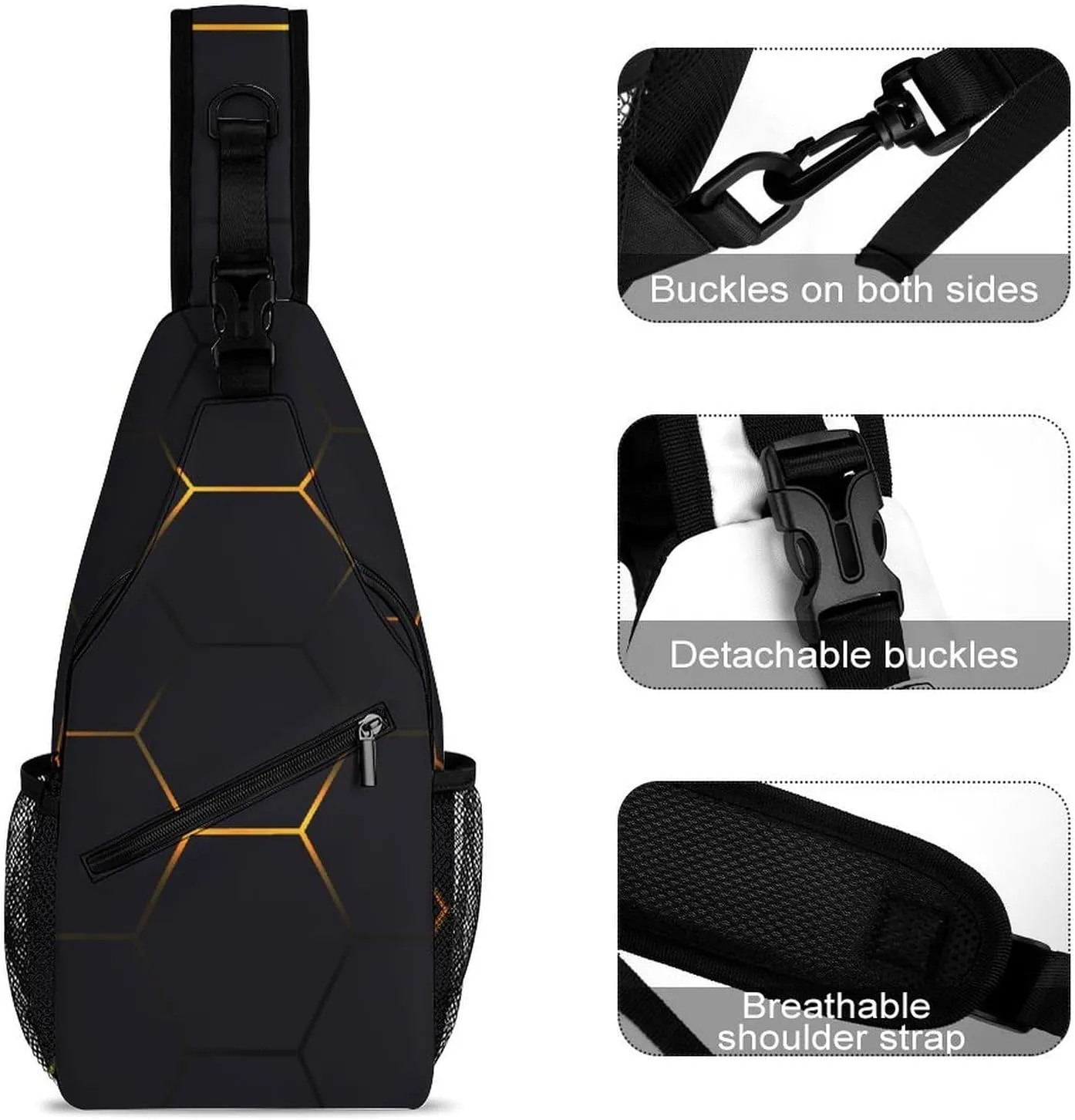 Black-yellow-hexagonal Crossbody Sling Backpack, Shoulder Bag Chest Bag for Travel Sport Running