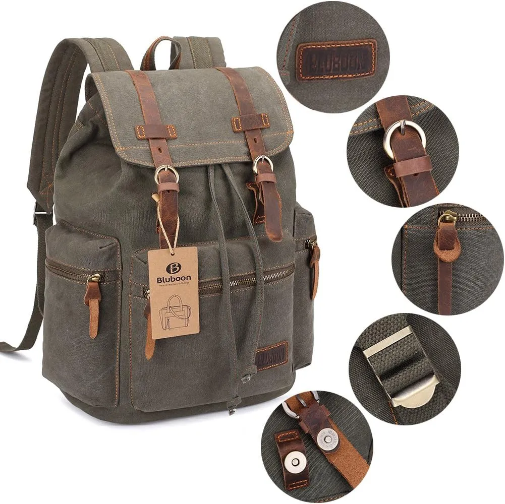 Bluboon Vintage Backpack Leather Trim Casual Bookbag Men Women Laptop Travel Rucksack