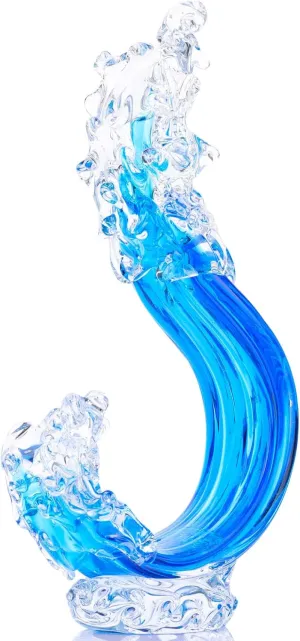 Blue Hand Blown Glass Ocean Wave Statue,Fused Sea Glass Art Decor,Abstract Wave Sculpture Ornament,Coastal Nautical Themed,Beach House Decor,Coffee Table,TV Stand,Bookshelf,Entryway,Office,Counter