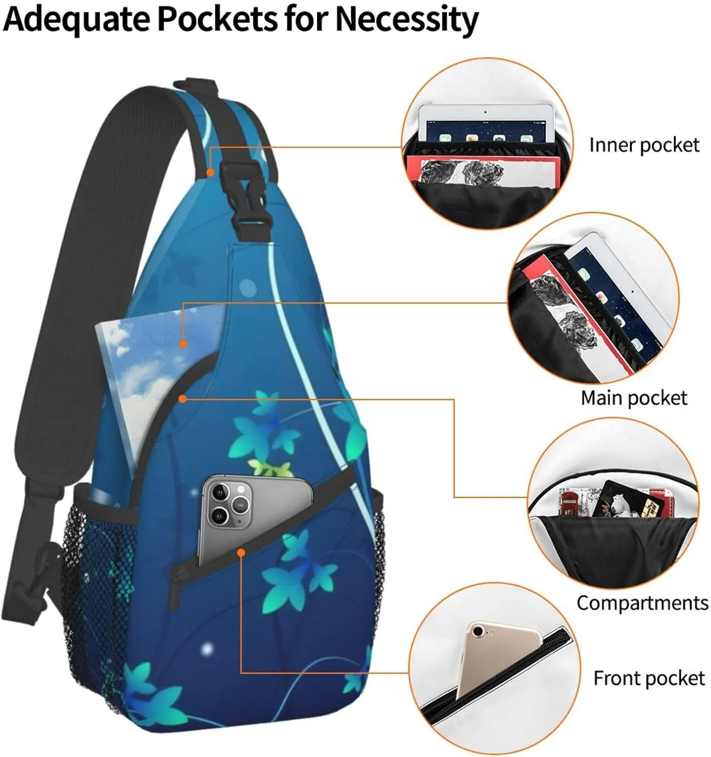 Blue Mini Flower Swirl Unisex Casual Diagonal Chest Bag,Multipurpose Crossbody Shoulder Bag Travel Hiking Daypack