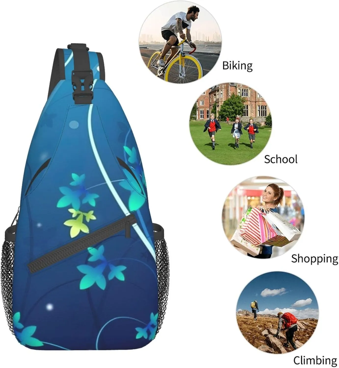 Blue Mini Flower Swirl Unisex Casual Diagonal Chest Bag,Multipurpose Crossbody Shoulder Bag Travel Hiking Daypack