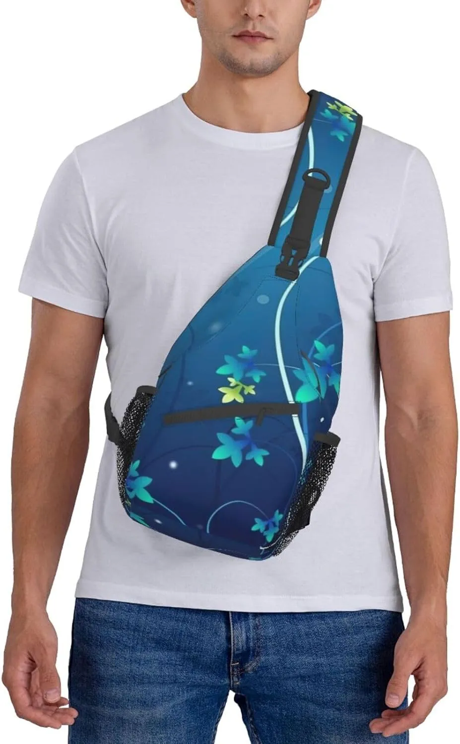Blue Mini Flower Swirl Unisex Casual Diagonal Chest Bag,Multipurpose Crossbody Shoulder Bag Travel Hiking Daypack