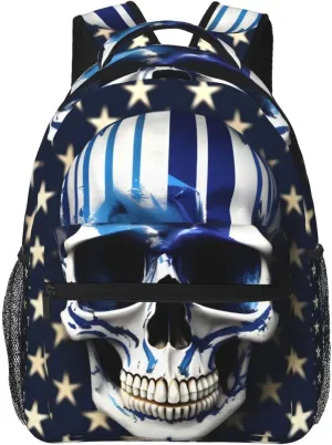 Blue Stripe Stars Skull Print Laptop Backpack Stylish Bookbag College Daypack Travel Business Work Bag For Men Women