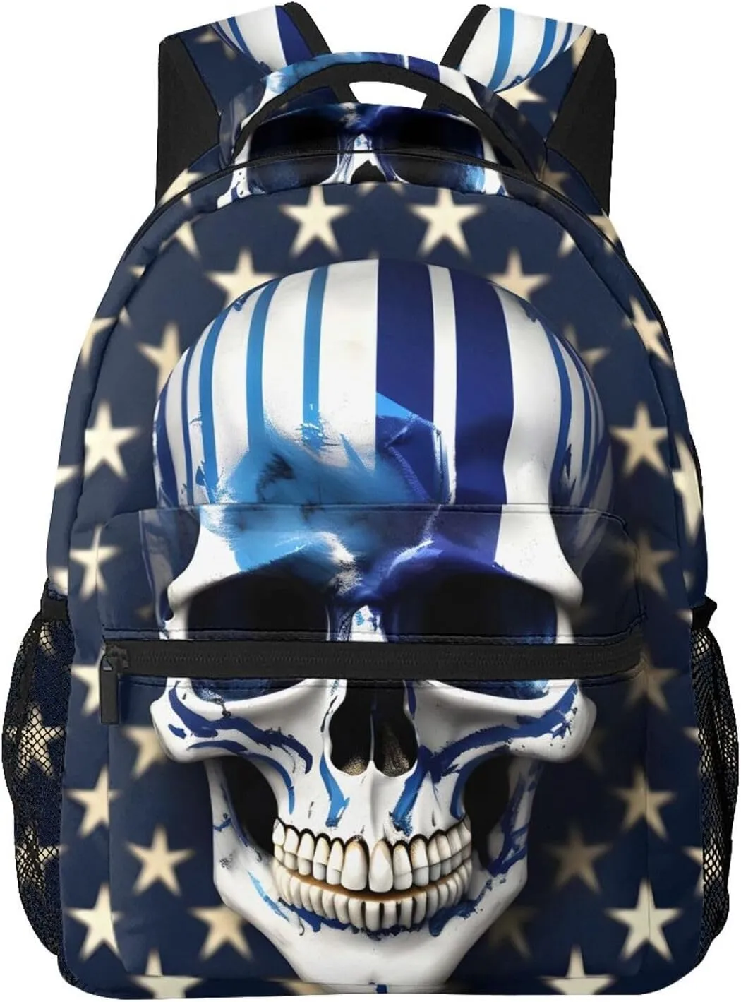 Blue Stripe Stars Skull Print Laptop Backpack Stylish Bookbag College Daypack Travel Business Work Bag For Men Women