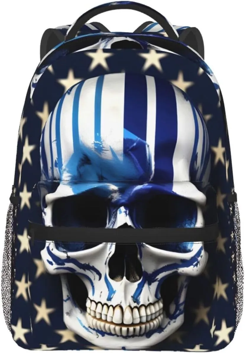 Blue Stripe Stars Skull Print Laptop Backpack Stylish Bookbag College Daypack Travel Business Work Bag For Men Women