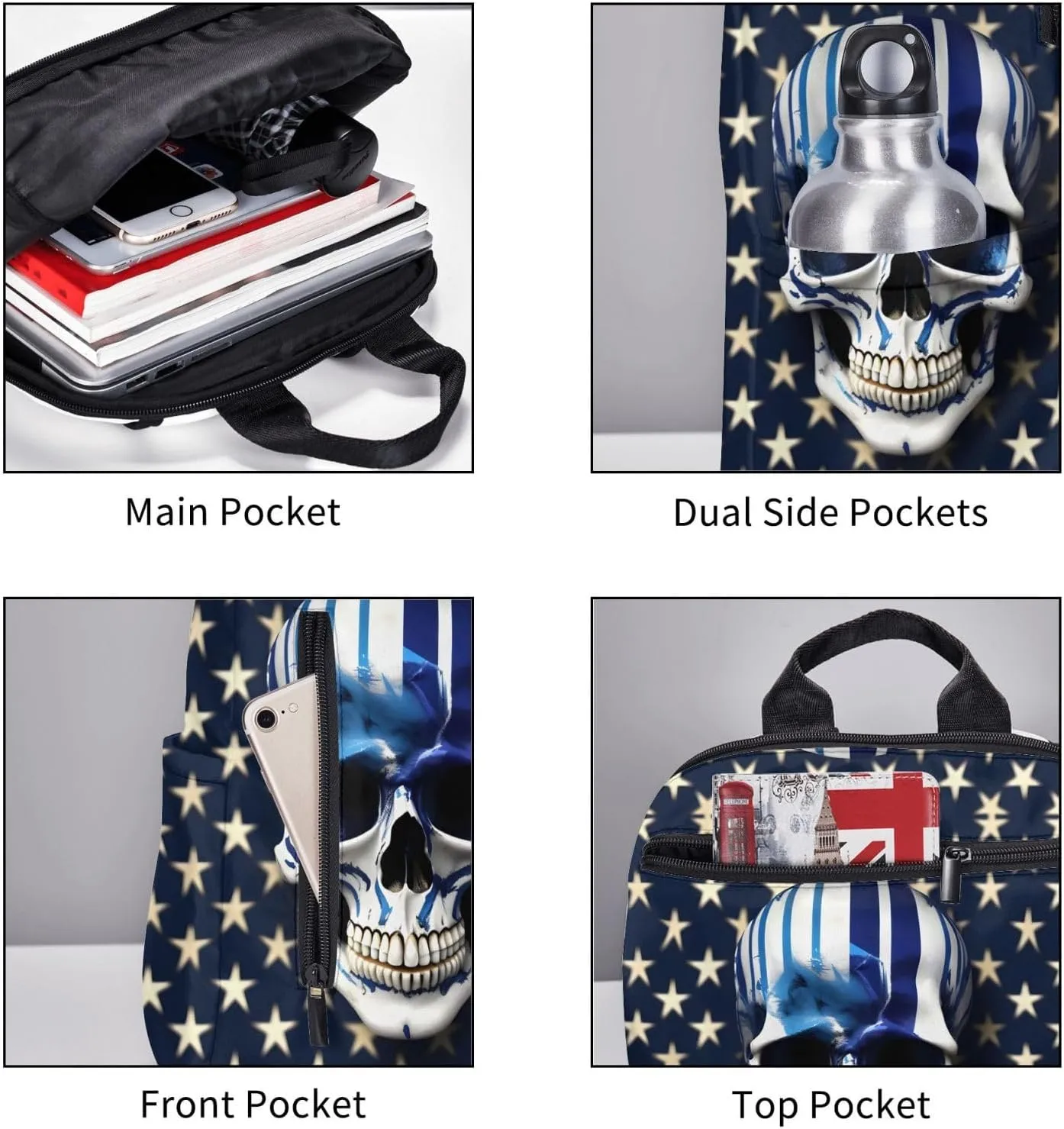 Blue Stripe Stars Skull Print Lightweight Backpack, Travel Bookbag College Bag,Laptop Backpack For Men Women
