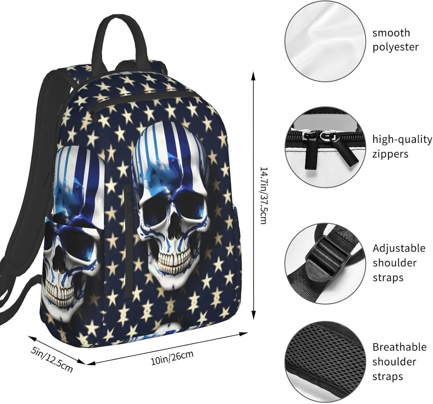 Blue Stripe Stars Skull Print Lightweight Backpack, Travel Bookbag College Bag,Laptop Backpack For Men Women