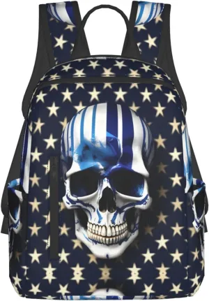 Blue Stripe Stars Skull Print Lightweight Backpack, Travel Bookbag College Bag,Laptop Backpack For Men Women