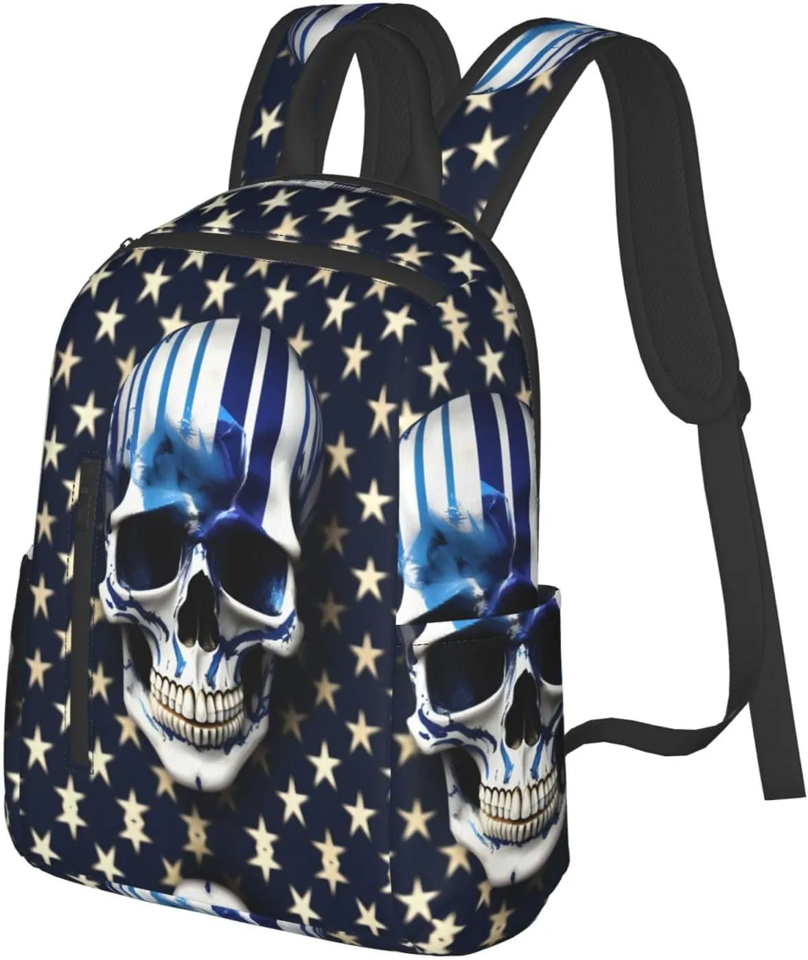 Blue Stripe Stars Skull Print Lightweight Backpack, Travel Bookbag College Bag,Laptop Backpack For Men Women