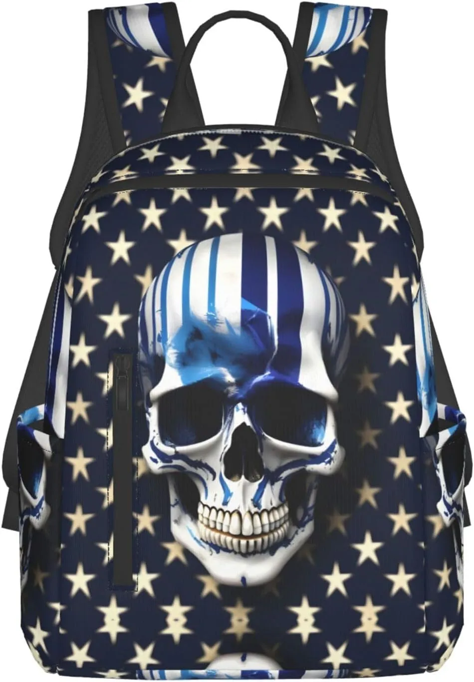 Blue Stripe Stars Skull Print Lightweight Backpack, Travel Bookbag College Bag,Laptop Backpack For Men Women